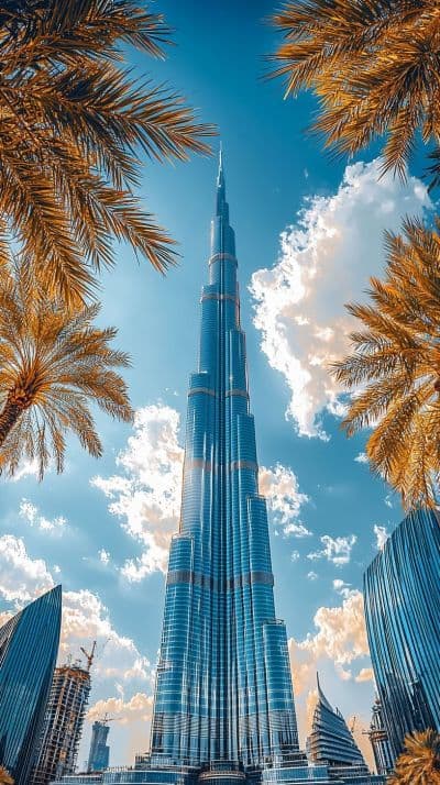 Burj Khalifa framed by palm trees