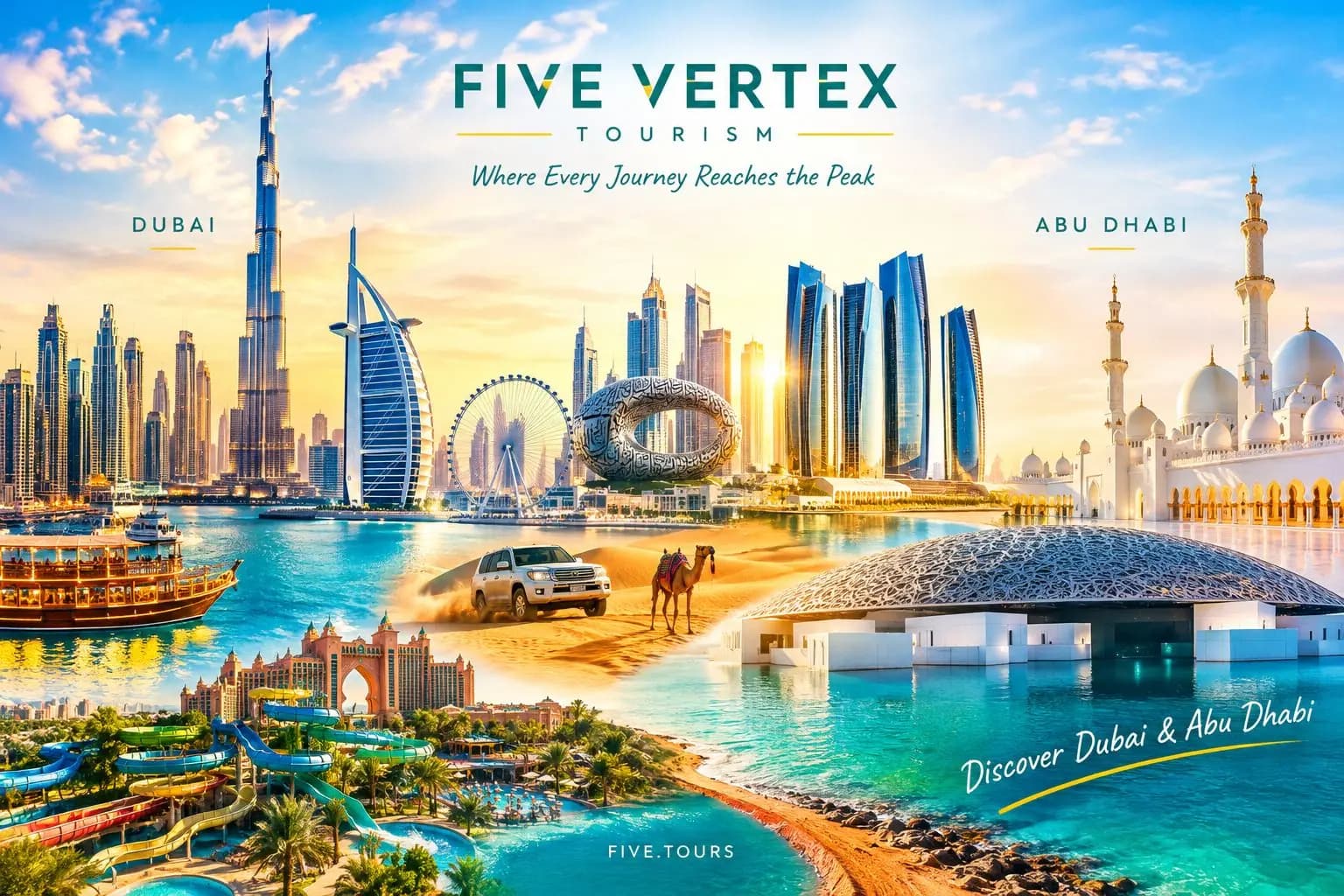 Five Vertex Tourism – Dubai and Abu Dhabi landmarks: Burj Khalifa, Burj Al Arab, desert safari, Sheikh Zayed Grand Mosque and Louvre Abu Dhabi
